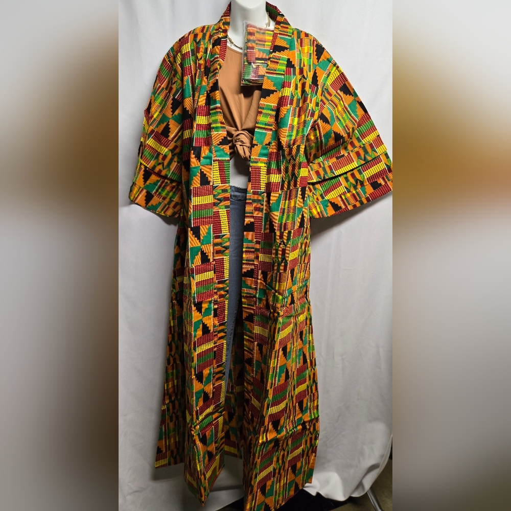 Vibrant 100% Ankara Fabric Duster/Kimono X-long.  Fits Sz 12 - 18. New. Tall.